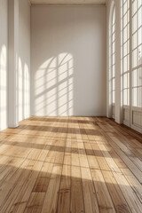 Obraz premium Leerer Raum aus weißem Beton mit Holzböden