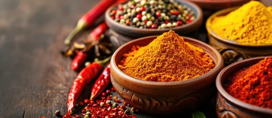 Zelfklevend Fotobehang Assorted vibrant Indian spices in bowls, including red chili and chili powder. © AkuAku