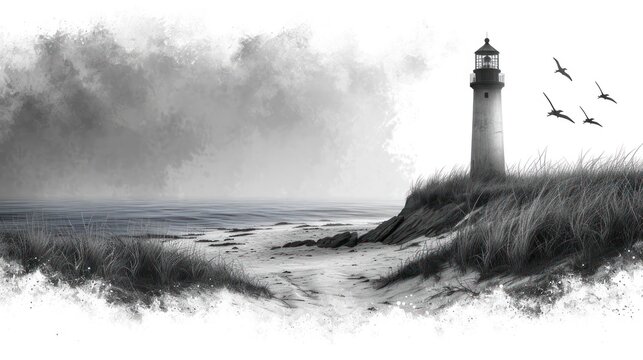  a black and white photo of a lighthouse on a foggy day with birds flying over the water and a path leading to the light house on top of a hill.