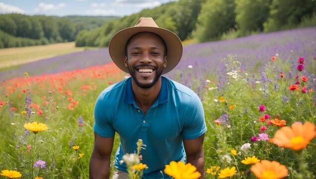 A joyful man with a contagious smile, surrounded by a field of vibrant wildflowers. generative AI