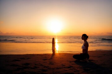 Fototapeta premium Young woman practicing yoga on the beach at sunrise. Yoga concept.