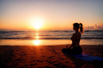 Fototapeta premium Young woman practicing yoga on the beach at sunrise. Yoga concept.