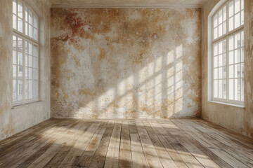 Leerer Raum aus weißem Beton mit Holzböden - obrazy, fototapety, plakaty
