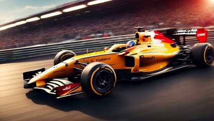 Yellow Formula 1 race car speeding on a racetrack. sports	