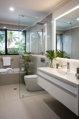 Fototapeta na wymiar Modern bathroom interior with large glass shower and tropical plants