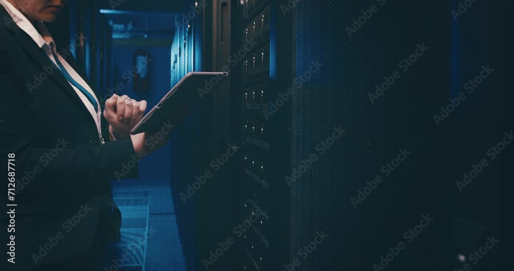 Aufkleber Person, tablet and server room for inspection, programming and coding of system solution and cybersecurity. Hands of technician on digital technology for hardware maintenance or data center at night