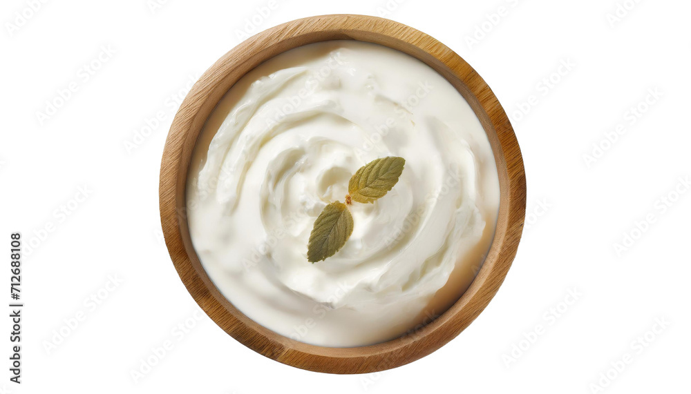 Wall mural greek yogurt in wooden bowl isolated on transparent background.