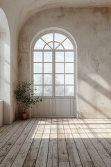 Leerer Raum aus weißem Beton mit Holzböden