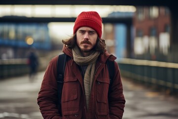 Handsome young man with a beard and mustache in a red knitted hat and coat on a city street