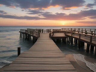 Wooden pier on the beach at beautiful sunset in the evening