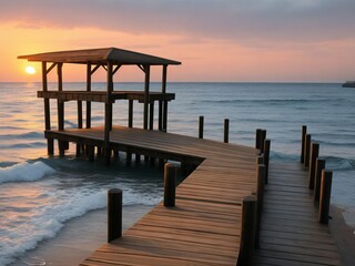 Obraz premium Wooden pier on the beach at beautiful sunset in the evening