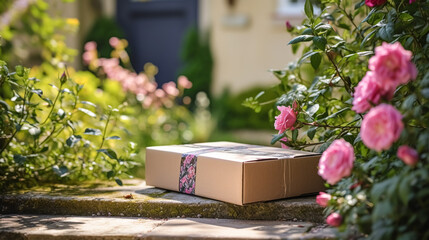 Postal service, home delivery and online shopping, parcel box on a house doorstep in the countryside, generative ai