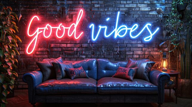 A couch sitting in front of a brick wall with a neon sign good vibes