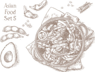 Drawing of lot of asian food 5