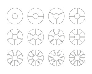 Circle division on 1, 2, 3, 4, 5, 6, 7, 8, 9, 10, 11, 12 equal parts. Wheel round divided diagrams with segments. Coaching blank. Diagram infographic set. Pie chart simple icons. Vector template. Eps.