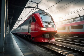 Fototapeta premium Red Train Traveling Along Train Tracks Next to Loading Platform