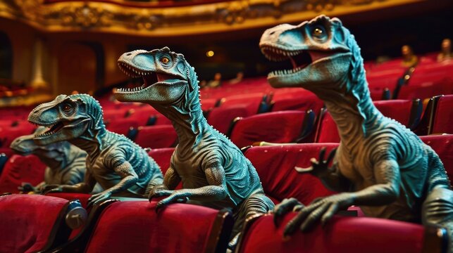 A group of dinosaurs sitting in a movie theater