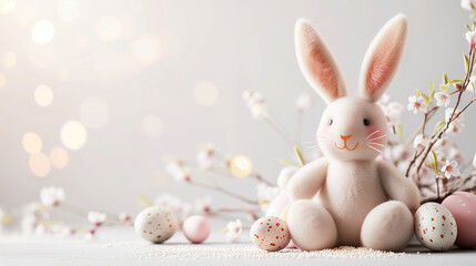 Easter greeting card. Cute bunny and easter eggs on light background