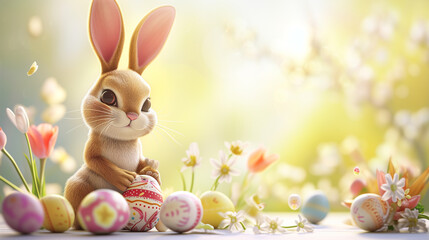Fototapeta na wymiar Easter bunny with colorful eggs and spring flowers. Easter background.