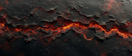 Abstract topographic pattern in charcoal and black . Ancient rock and sand formations with glowing lava fissures. Graphic resource background and wallpaper.