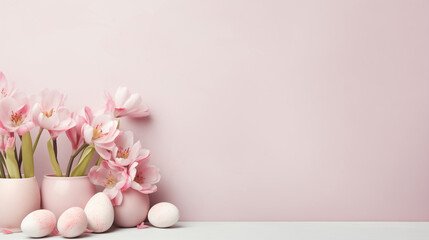 Easter eggs and spring flowers on pastel pink background with copy space