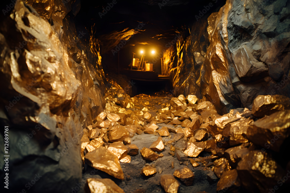 Wall mural gold mine full of gold, old gold mine, gold bars, left behind gold in mine