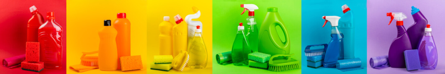 Cleaning service concept.Home cleaning product on a color background. Bucket with household chemicals. cleaning supplies for home or office space.Early spring regular cleaning. Copy space