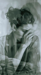 Black and White Multiple Exposure Portrait of a Sad Woman Suffering from Depression. Mental Illness and Headache Concept. Vertical Banner