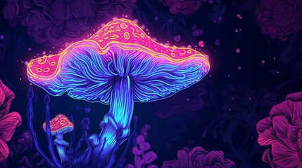 mushroom pattern with flowers in style of tripping psychedelic, neon colors, glow