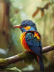 a colorful bird sits on a branch in the forest
