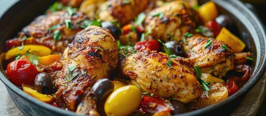 Chicken cooked in a Basque style with peppers, olives, and tomatoes.