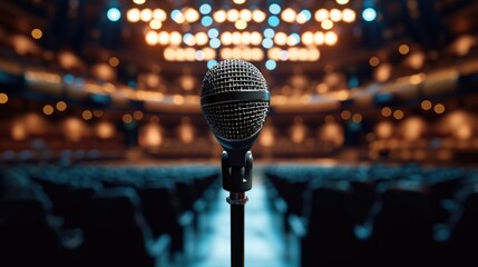 A microphone on a stand in front of a stage - obrazy, fototapety, plakaty
