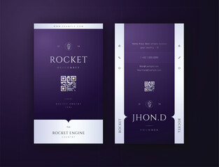luxury vertical business card vector, dark purple elegance with glossy silver and touches of gold
