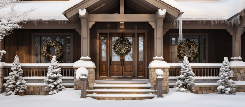 Snow-covered pine trees surrounding a house's wooden front door with a portico entrance.