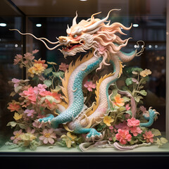 a statue of a dragon surrounded by flowers and other decorations in a display case at a store window in china, Art & Language, dragon art