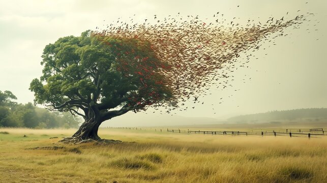 A tree as its leaves transform into a flock of birds, symbolizing change and the cyclic nature of life against a serene pastoral backdrop.
