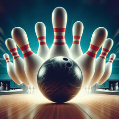 Bowling ball and skittles on bowling alley. 3d rendering - obrazy, fototapety, plakaty