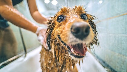 happy dog being washed, 16:9 widescreen backdrop / wallpaper