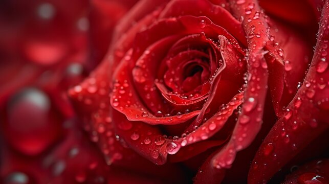 A close up picture with water drops on the red rose    