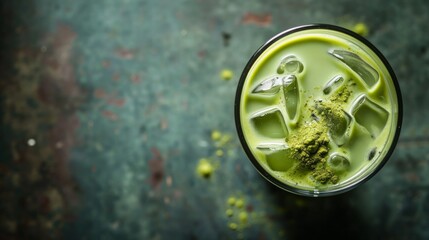 A glass of iced green tea latte     - obrazy, fototapety, plakaty