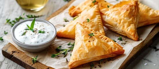 Greek cheese filled triangular filo pastry pies with yoghurt sauce, served on a wooden board with baking paper. - obrazy, fototapety, plakaty