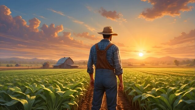 A farmer stands in a vast field, surrounded by rows of vibrant crops. The sun sets behind him, casting a warm glow on the scene, this image captures the hard work. generative AI