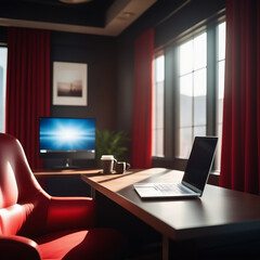 Interior, office room, red chair, laptop stands on the table with a window in the background, soft light, business and finance concept