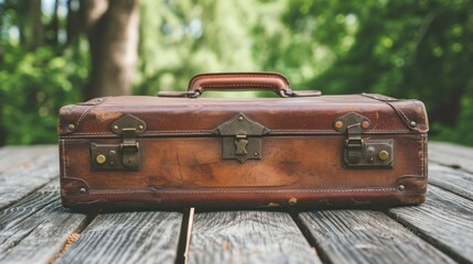 Antique leather suitcase on wooden table outdoors     