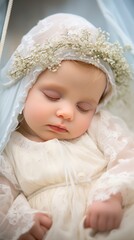 Fototapeta na wymiar Sleeping baby in white, adorned with flower headband. Close-up portrait, photo studio advertisement.