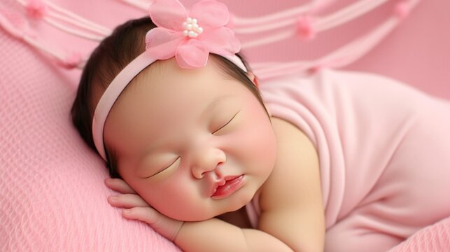 Sleeping asian one month old baby in pink, adorned with flower headband. Close-up portrait, photo studio advertisement.