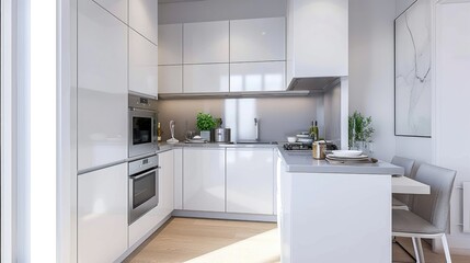 A white kitchen with a table and chairs, open plan kitchen corner design.