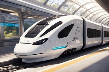 Future train with advanced technology, combining cutting-edge artificial intelligence, sustainable energy sources, and cutting-edge design