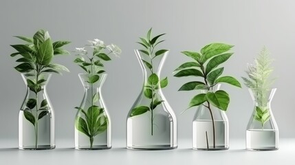 Assorted clear vases with green plants. Great for home decor, eco-friendly living, and interior design articles