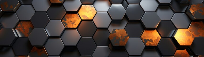 3D hexagonal pattern with varying shades of grey and subtle orange highlights. Ideal for tech or futuristic backgrounds